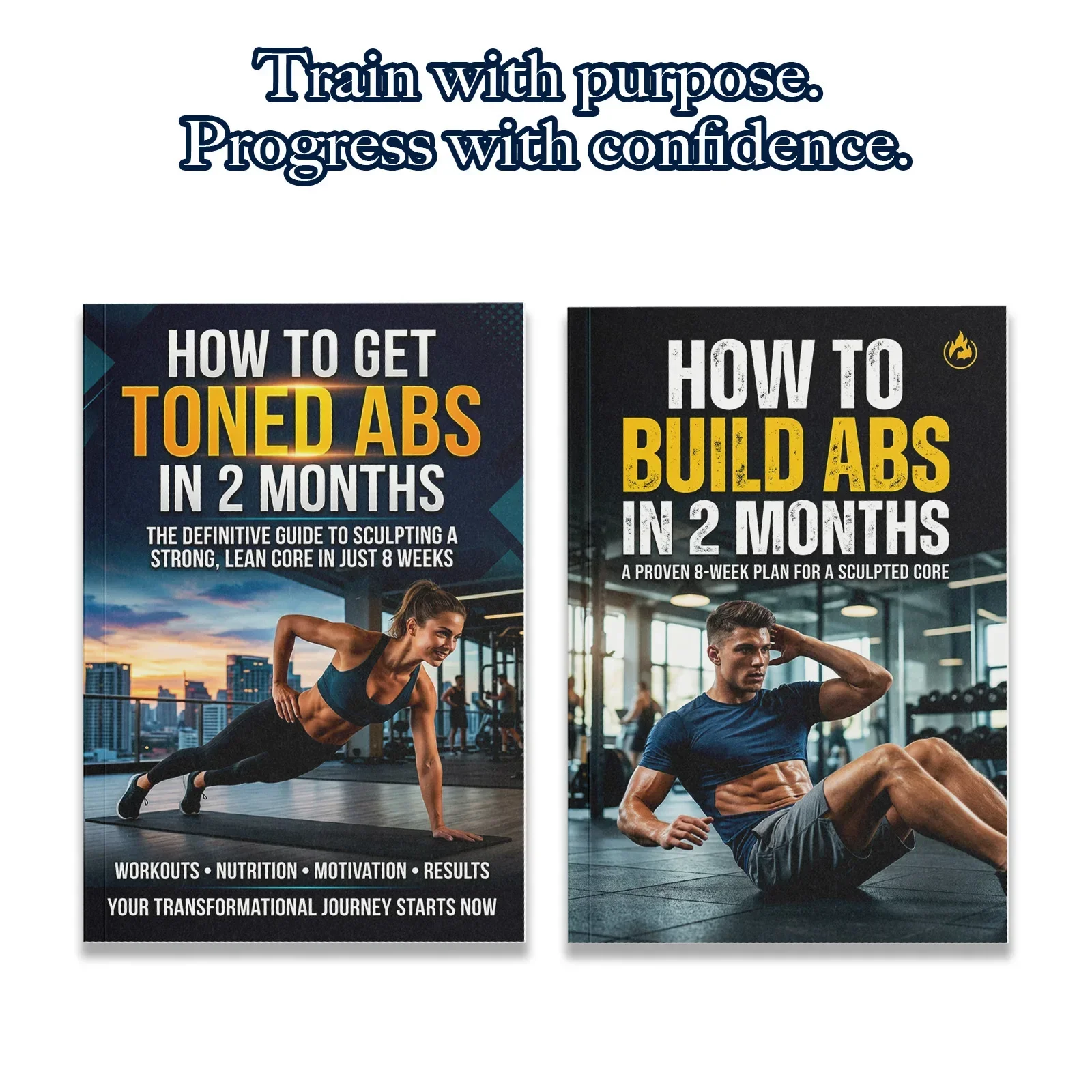 Nutrition And Fitness Books - ชุดคู่มือการฝึกกล้ามเนื้อหน้าท้อง 2 เล่มสำหรับผู้ชายและผู้หญิง, แผนการออกกำลังกายแกนกลางลำตัว 8 สัปดาห์เพื่อหน้าท้องกระชับและได้รูป,